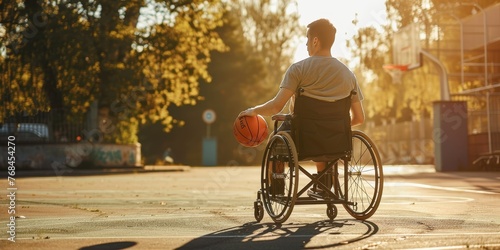 A man in a wheelchair is holding a basketball