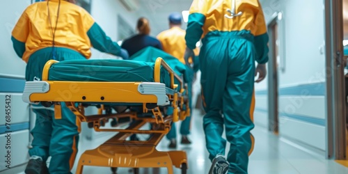 A group of medical workers are carrying a patient on a gurney down a hallway