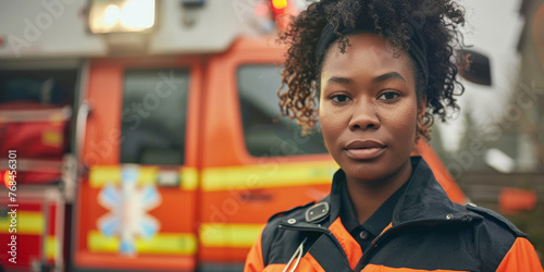 A woman wearing an orange and black uniform stands in front of a fire truck