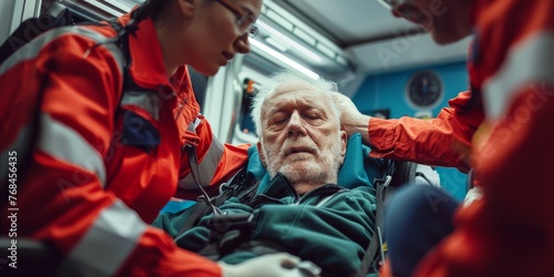 A man is being helped by two people, one of whom is wearing a red jacket