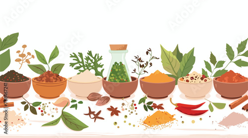 A variety of spices and herbs are arranged on a table