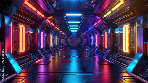 Long, deserted corridor of a spacecraft, with rainbow lighting leading the way to the heart of the ship , 3D illustration