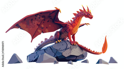 Fantasy dragon on the rock.3D rendering flat vector 