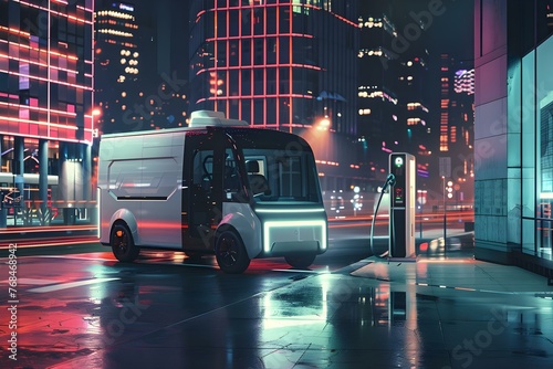 Futuristic electric delivery van parked at charging station in city showcasing selfdriving technology and network infrastructure. Concept Electric Vehicles, Self-Driving Technology