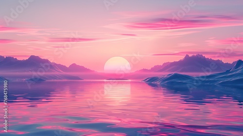 Pink sunset reflection on calm water scene