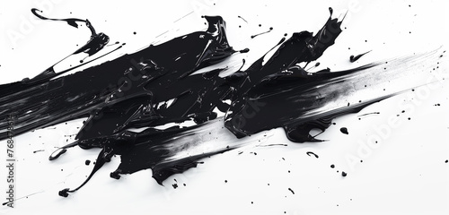 Abstract black with generative AI splashes, paints, brushstrokes, and stains on a white background in a Japanese style.
