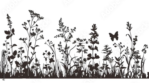 Black silhouettes of grass, flowers and herbs isolated on white background. Hand drawn sketch flowers and insects, Flower, garden grass field outline vector illustration Ai generated 