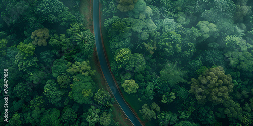 Aerial view of the mountain road in a green forest. Aerial view of winding road through lush forest, symbolizing journey and exploration.