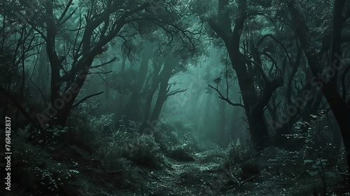 Dark forest with thick underbrush and mystery 