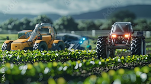 At the forefront of agricultural innovation, robotic vehicles and autonomous cars collaborate harmoniously in a smart farm environment, driven by the capabilities of future 5G technology.