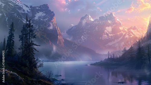 The soft light of dusk gracefully envelopes a serene lake and dramatic mountain range, evoking stillness