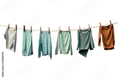 Clothes hanging on a taut clothesline, swaying gently in the breeze. The articles of clothing include shirts, pants, and socks, varying in colors and sizes. Isolated on a Transparent Background PNG.