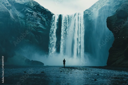 Silhouette of a man standing in front of a waterfall in Iceland