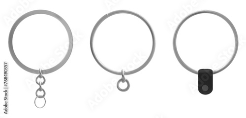 Isolated metal keychain ring holder vector mockup. Silver round key chain fob for car, house. 3d realistic hanging steel frame accessory mock up. Chains part equipment for souvenir template design