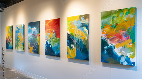 A series of abstract paintings hanging in the gallery, each one inspired by the changing seasons and rhythms of farm life. 