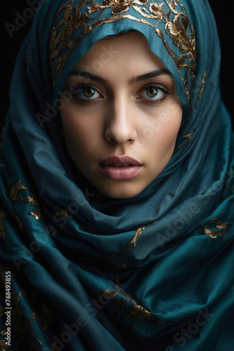 Ausdrucksstarke Porträtaufnahme einer jungen orientalischen Frau mit elegantem Hijab