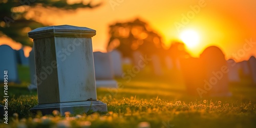 Sunlit tombstones at a cemetery during sunset, evoking peaceful finality.