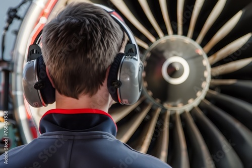 earmuffs on a researcher near a roaring jet engine