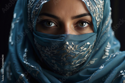 Geheimnisvolle Schönheit: Frau mit blauem Hijab und silberner Blumenstickerei