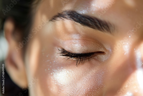 closeup of dewy makeup look on a womans face on a humid day