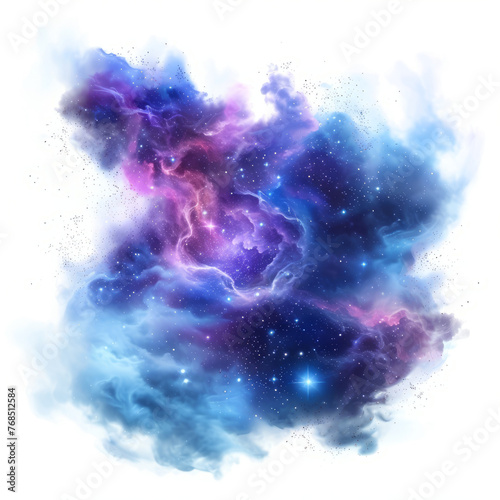 cosmic nebulae in vibrant shades of blue and purple, with swirling clouds of gas and dust illuminated by newborn stars, against a serene white background,