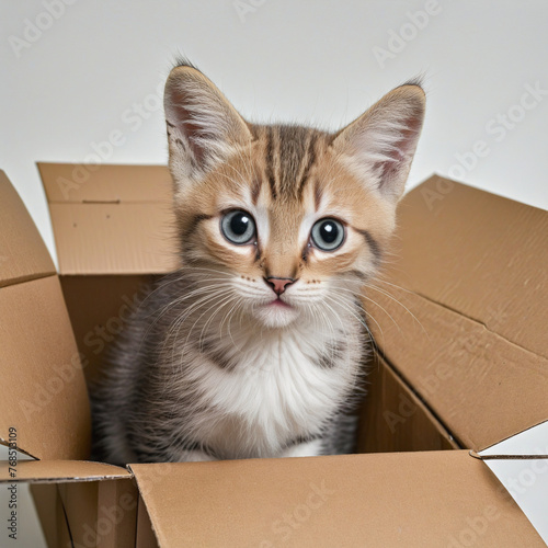 adorable kitten inside a cardboard colorful background