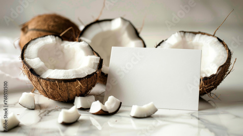 Coconut halves with blank card on a marble table.