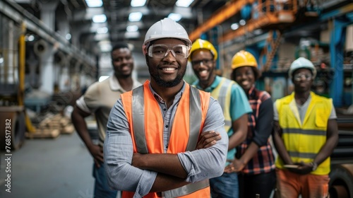 Group of industrial workers standing confident at industrial factory wearing safety vest and hardhat smiling on camera
