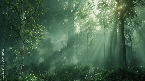 Ethereal sunbeams streaming through the tranquil atmosphere of a green forest suggesting peace and harmony