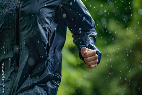 person jogging with raindrops visible on waterproof jacket
