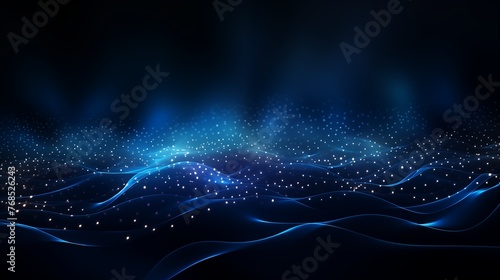 Abstract Blue Neon Waves with Glowing Particles on a Dark Background.