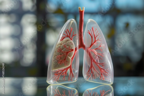 lung model with visible bronchi on a reflective glass surface