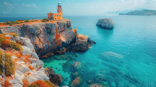 From above, a lighthouse stands firmly on a steep cliff, overlooking the vast expanse of ocean