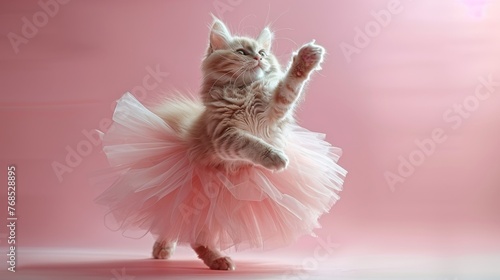 A cat in a ballet tutu against a split pale pink and soft lavender background, capturing the grace and beauty of dance.