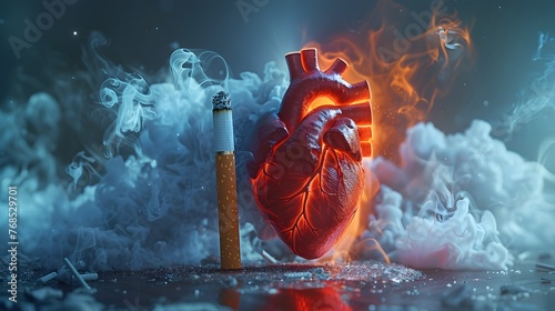 Choose Health, Not Tobacco 3D Rendered Heart Ablaze in Smoke from a Cigarette against a Blue Background