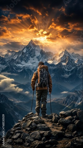 Hiker in Himalaya mountains at sunset. Trekking in Nepal