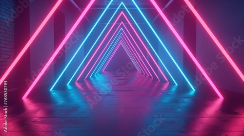 Futuristic neon-lit corridor with triangular shapes creating a sense of depth and perspective.
