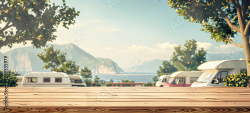 empty tabletop for product display in camper van trailer parking lot with picnic table and mountain water landscape, concept of table top counter podium dais for camping background banner copy space