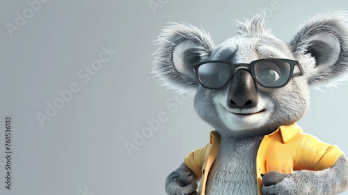 A cute and cuddly koala wearing glasses and a yellow shirt is looking at the camera with a friendly smile.