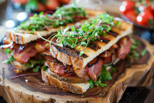 A wooden plate holds a cut sandwich placed on top, showcasing a plating presentation with garnish