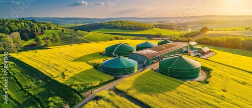 Farm and biogas plant in rapeseed fields. View from an aerial perspective of modern agriculture