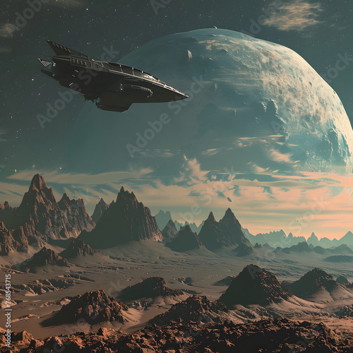 Futuristic Sci - Fi Space ships hover over an desert landscape of an alien planet.