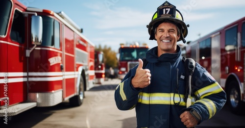 Brave fireman in gear giving thumbs up near fire truck