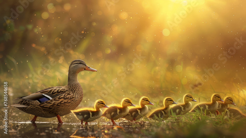 A serene image of a mother duck leading her line of ducklings across a water body at sunrise with glistening light