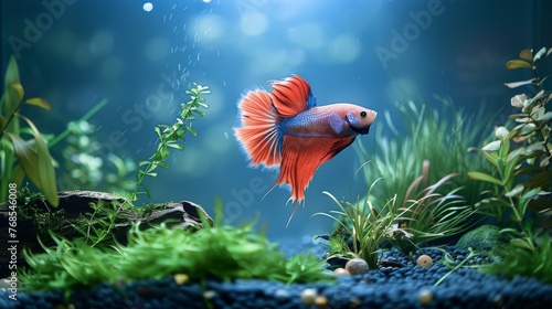 Graceful betta fish swimming in a beautifully aquascaped aquarium
