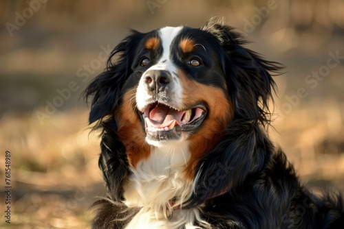 bernese mountain dog in the sun, looking elated