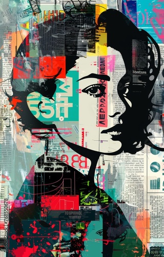 Abstract Contemporary Art Collage with Urban Typography and Female Portrait