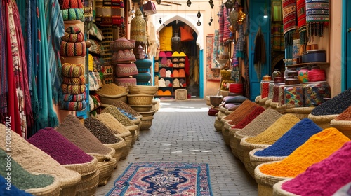 A vibrant and bustling Moroccan souk, with colorful spices, textiles, and other goods on display.