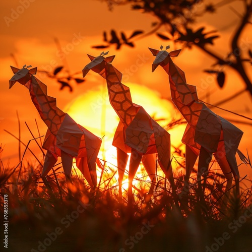 An origami giraffe herd against the backdrop of a fiery African sunset, their silhouettes striking