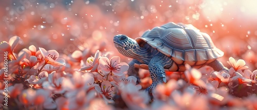 A determined turtle in a racing suit, about to cross a finish line made of flowers, in a dreamy watercolor landscape , 3D illustration